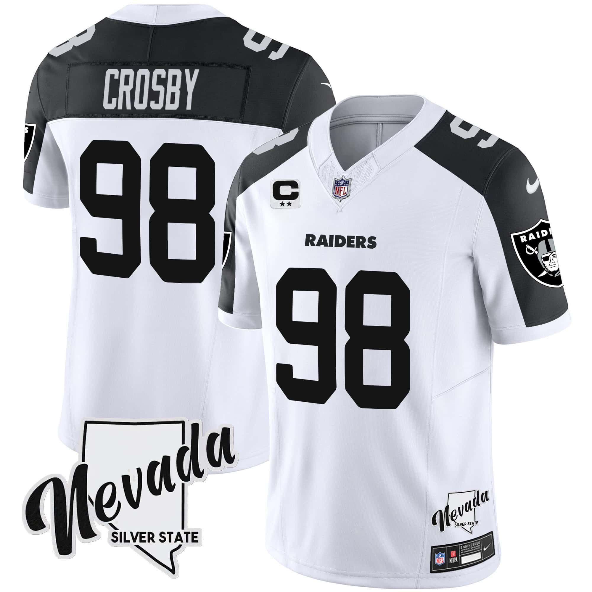 Men Oakland Raiders 98 Crosby White 2024 Nike Nevada Silver State Patch Vapor NFL Jersey style 1